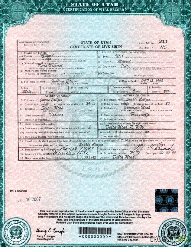 Modèle de certificat de naissance de l'État de l'Utah aux États Unis au format PSD